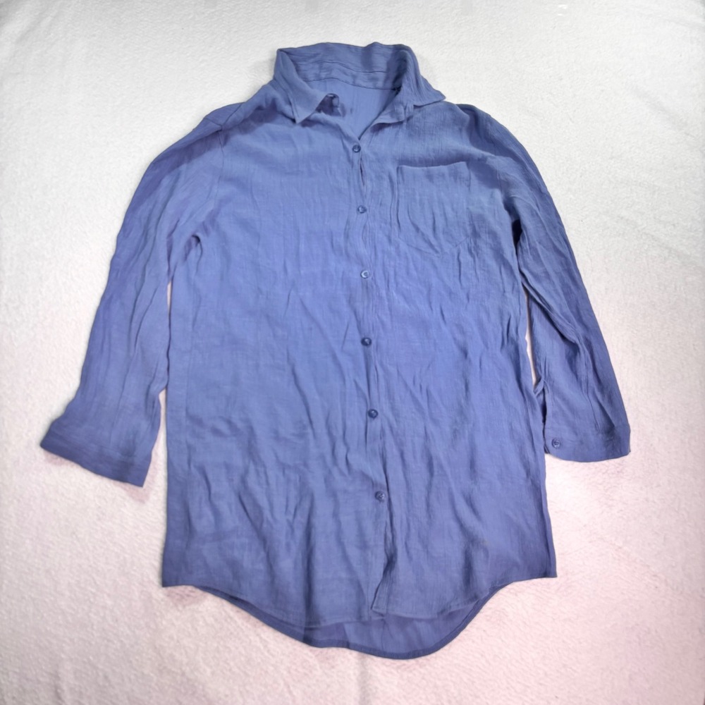 Blue Button Front Blouse Women's Large Lightweight Roll Tab Sleeve Top